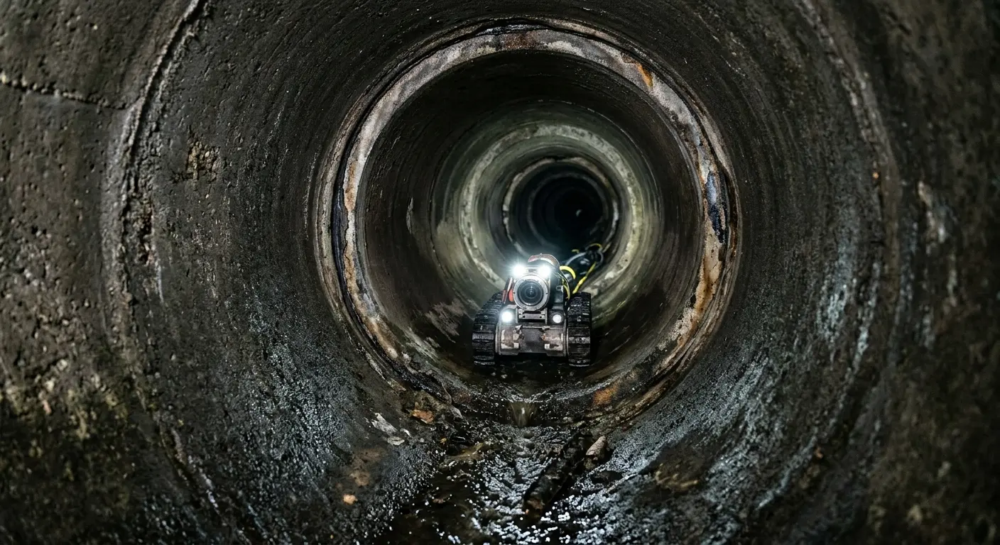 Robotic sewer camera inspecting pipe interior for Sewer Line Cleaning in Woodbury