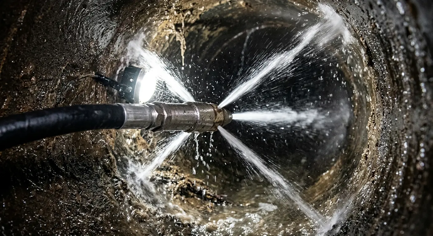 High-pressure hydro jetting nozzle cleaning sewer pipe for Emergency Drain Service in Woodbury